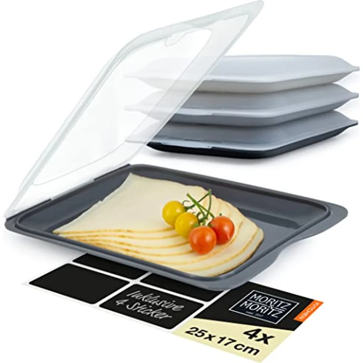 Moritz & Moritz 4er Set Aufschnittbox stapelbar – Frischhaltedosen mit Deckel zur Aufbewahrung von Wurst, Käse, uvm. – inkl. Tafelsticker zum Beschriften - Grautöne - Preisvergleich – Bild 1