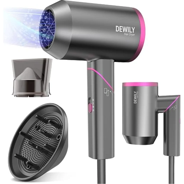Professioneller Ionen-Haartrockner – DEWILY Haartrockner, Ionen, 1800 W, 3 Temperaturen, Diffusor und Konzentrator, kompakter kleiner Haartrockner, Reise-Trockner, faltbar – Bild 1