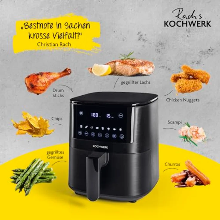Rachs KOCHWERK Digitale Heißluftfritteuse 4,2L | Airfryer mit Touchscreen für fettarmes Garen, Grillen oder Backen ohne Öl | Erinnerungsfunktion zum Wenden | Leichte Reinigung | 1400W – Bild 3