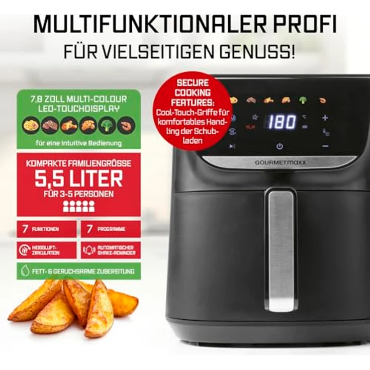 GOURMETmaxx AirGenius Heißluftfritteuse, 5,5 L Airfryer mit 7 Programmen, mattschwarz, LED-Touchscreen, für fettfreies Kochen von 3–5 Personen – Bild 3