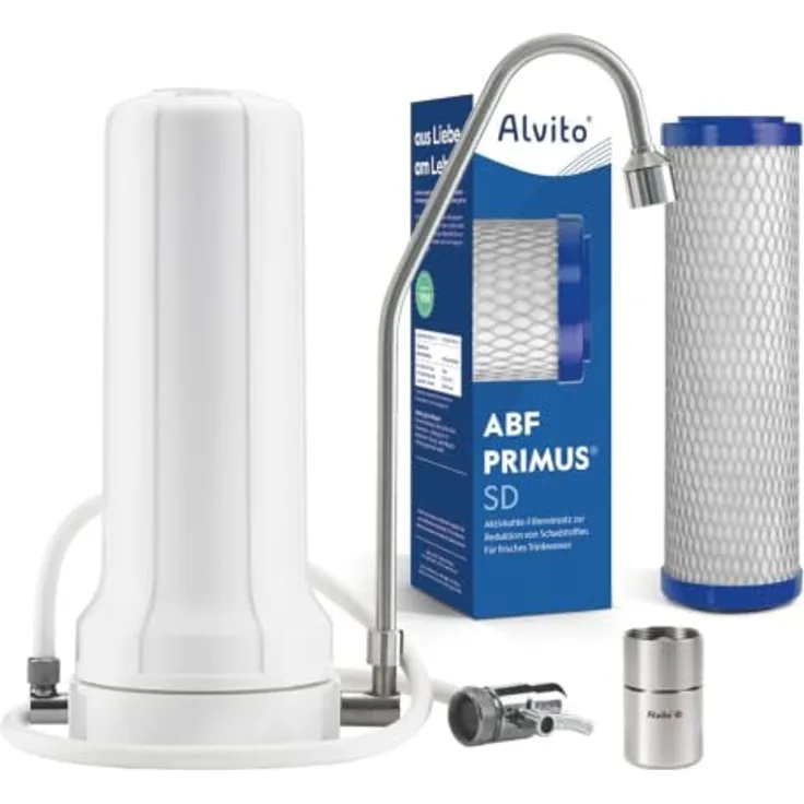 Alvito Auftischfilter PRO Vital, Wasserfilter mit Primus EM Filter und Viva Wirbler, inkl. Lebensblume Button, mobil und einfach installierbar