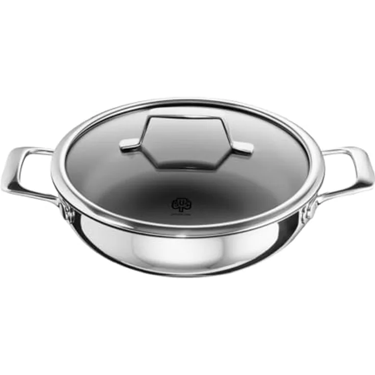 Schulte-Ufer Schmorpfanne ASTRAL mit UniverSUS-Oberflächenstruktur, 64454-923-24, Edelstahl, 24 cm - Hochwertige Schmorpfanne für krosses Braten, extrem kratzfest, nachhaltiger Antihaft-Effekt, energiesparender Allherd-Aluminium-Kapselboden