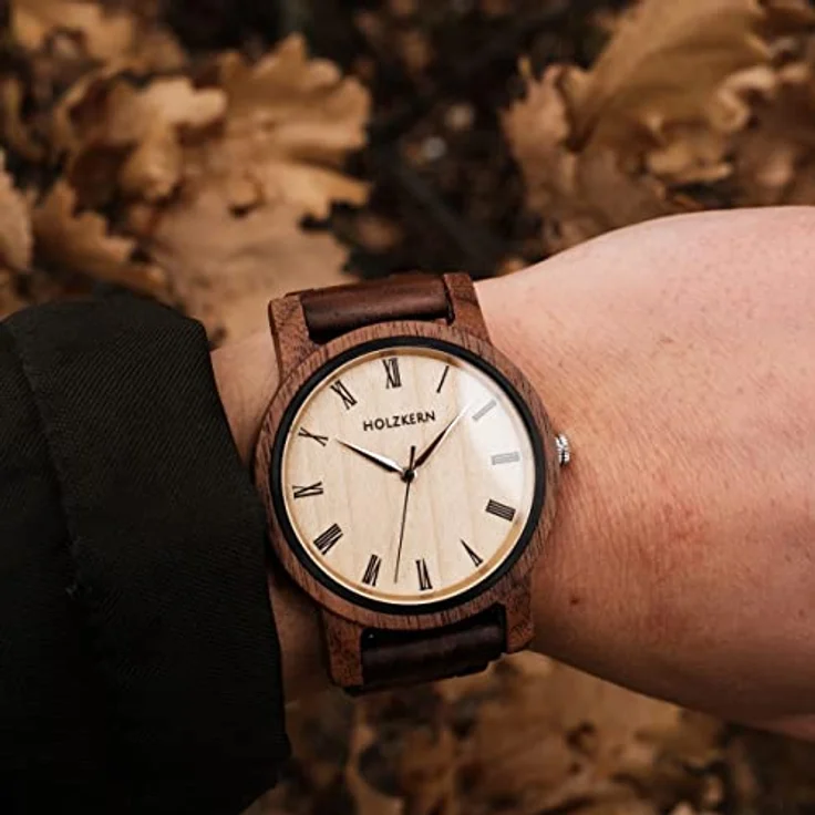Holzkern Quarzuhr Herbstdämmerung, Unisex-Armbanduhr aus Walnuss/Ahorn mit japanischem Quarzwerk, polierten Zeigern und römischen Ziffern, spritzwassergeschützt – Bild 3