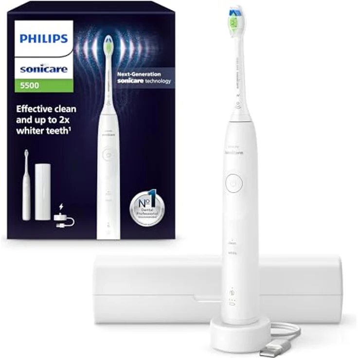 Philips Sonicare 5500 HX7110/02, elektrische Schallzahnbürste mit 2 Putzmodi, Andruckkontrolle, EasyStart, SmarTimer, BrushPacer, Weiß – Bild 1