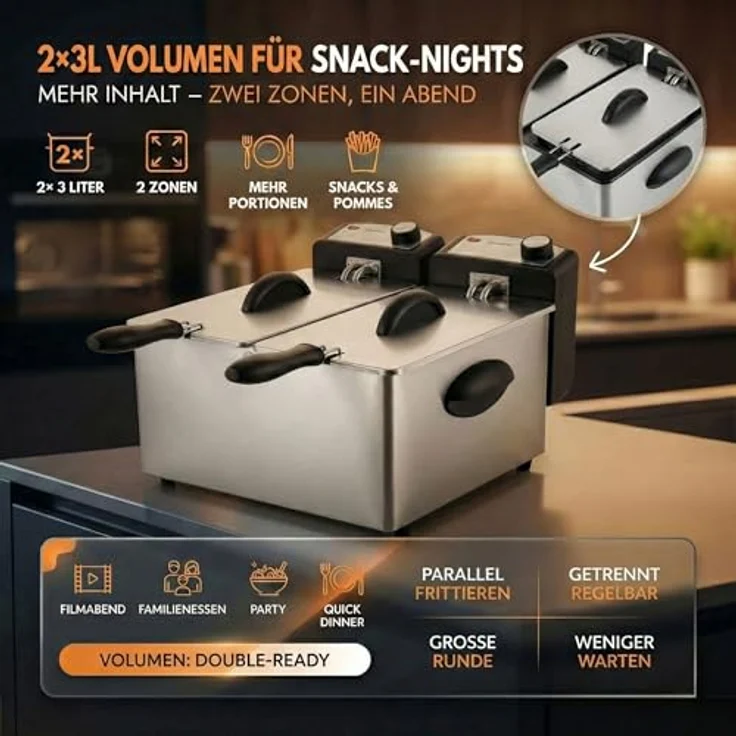 Sommertal DF3600 Doppel Fritteuse mit 2x 3L, 3600 Watt, Edelstahl, 2 getrennte Heizkreise, automatische Sicherheitsabschaltung, 130–190°C Temperaturspektrum – Bild 4