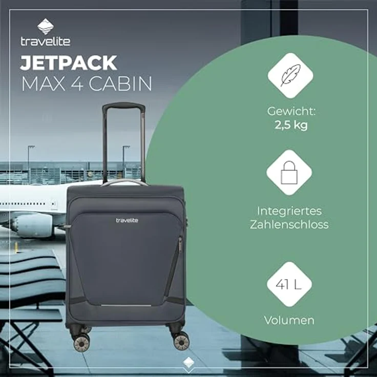 Travelite JETPACK Handgepäck Koffer, kompaktes Weichgepäck mit 4 Rollen, integriertes Zahlenschloss, 55x40x23 cm, 41 l, Anthrazit – Bild 2