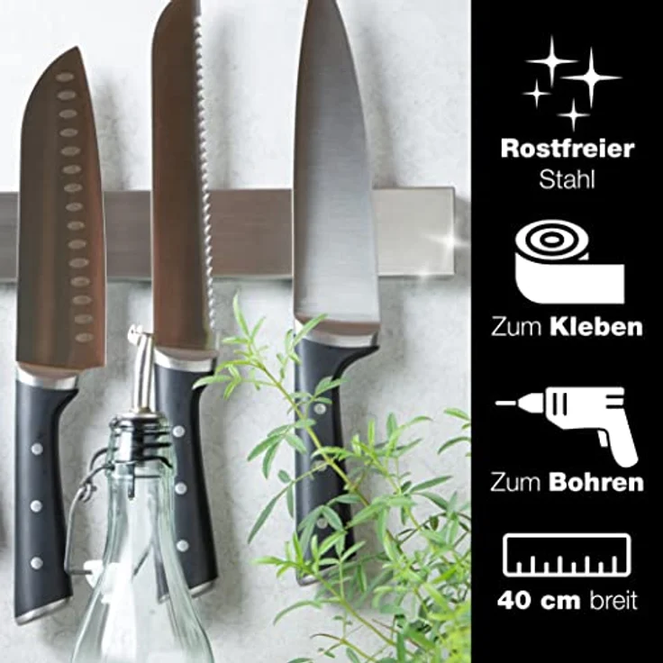 Moritz & Moritz Magnetleiste Messer selbstklebend 40cm aus Edelstahl - Hochwertiger Messerhalter magnetisch für Küchenutensilien, max. 5 kg, rostfrei – Bild 2