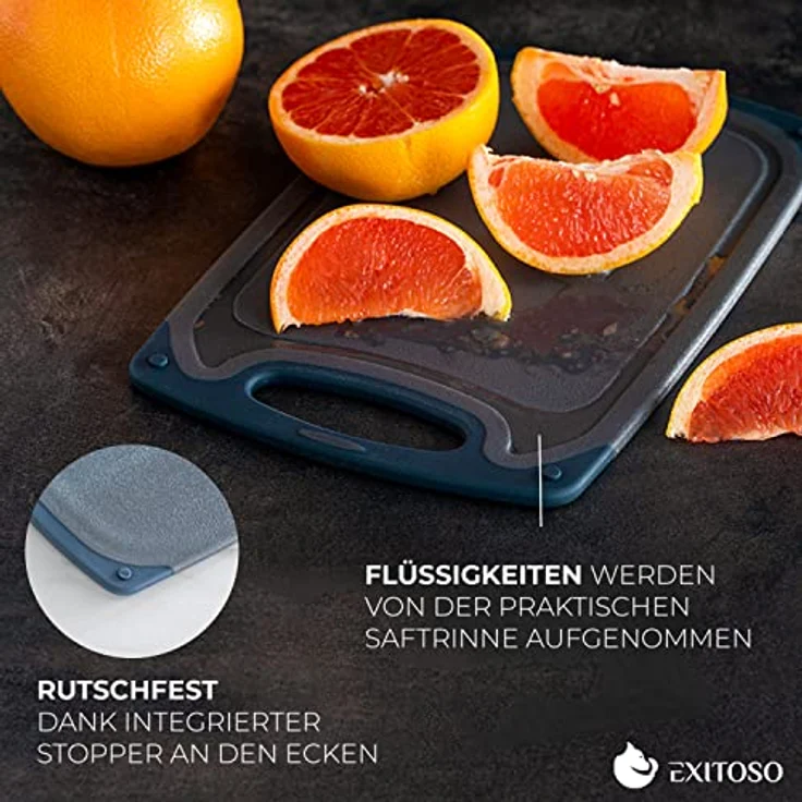 Exitoso Das Original Frühstücksbrettchen 6er Set Schneidebrett, Antibakteriell grau schwarz Kunststoff 25x15cm mit Saftrille, Spülmaschinenfest, rutschfest - Klein – Bild 2