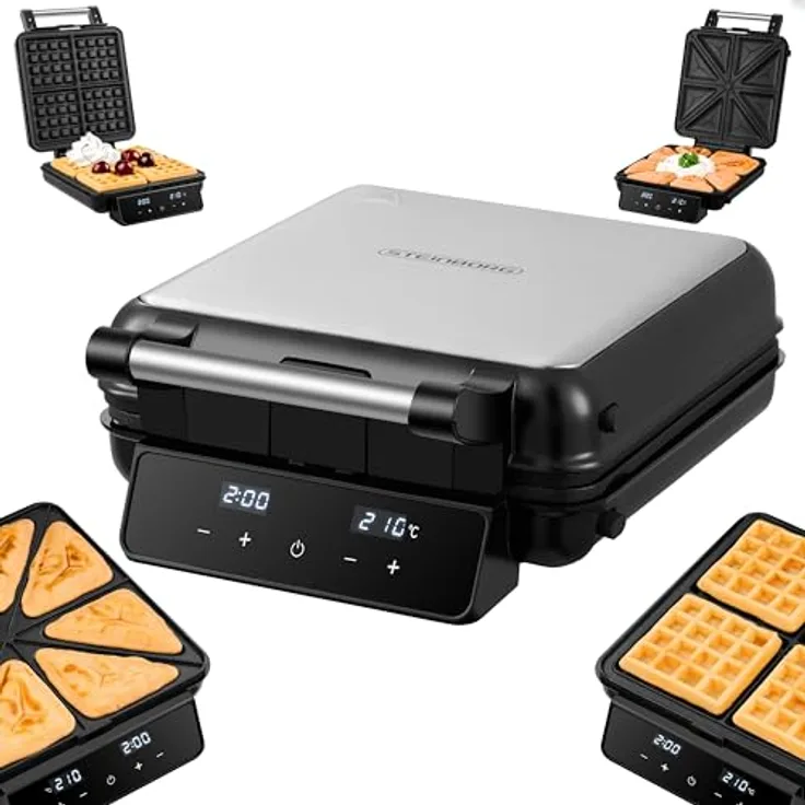 Steinborg® 2-in-1 Waffeleisen & Sandwichmaker, 1500 Watt mit Touch Panel & LED-Display, abnehmbare antihaftbeschichtete Platten, spülmaschinengeeignet, für Belgische Waffeln & Sandwiches