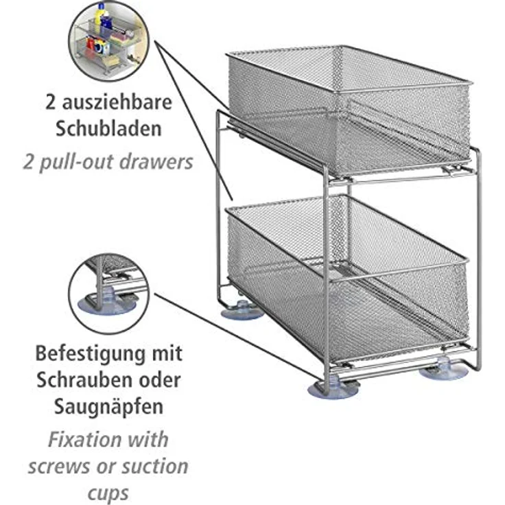WENKO Schubladenregal Gioma, hochwertiger Organizer mit 2 Etagen und Korb-Auszug für Küchenschrank oder Arbeitsplatte, Küchenregal aus pulverbeschichtetem Metall, 35 x 33,5 x 18,5 cm, Silber-Matt – Bild 2