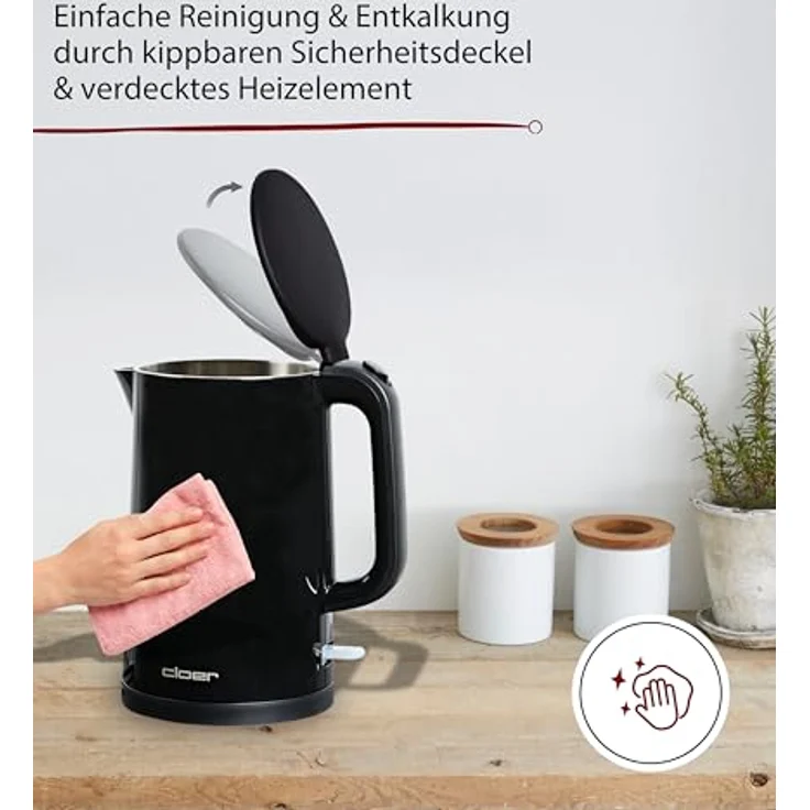 Cloer 4320 Wasserkocher 1,5 L, 1500 W, Edelstahlbehälter, automatische Abschaltung, Überhitzungsschutz, Kunststoffgehäuse schwarz – Bild 4