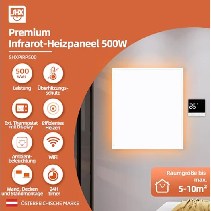 SHX Premium Infrarot Heizung mit WIFI 500W, 5-10 qm, Decken- oder Wandmontage, Standgerät, dimmbare Ambiente Beleuchtung, Fernbedienung, Fenstererkennung, LED Display, Carbon Crystal PET Oberfläche – Bild 2