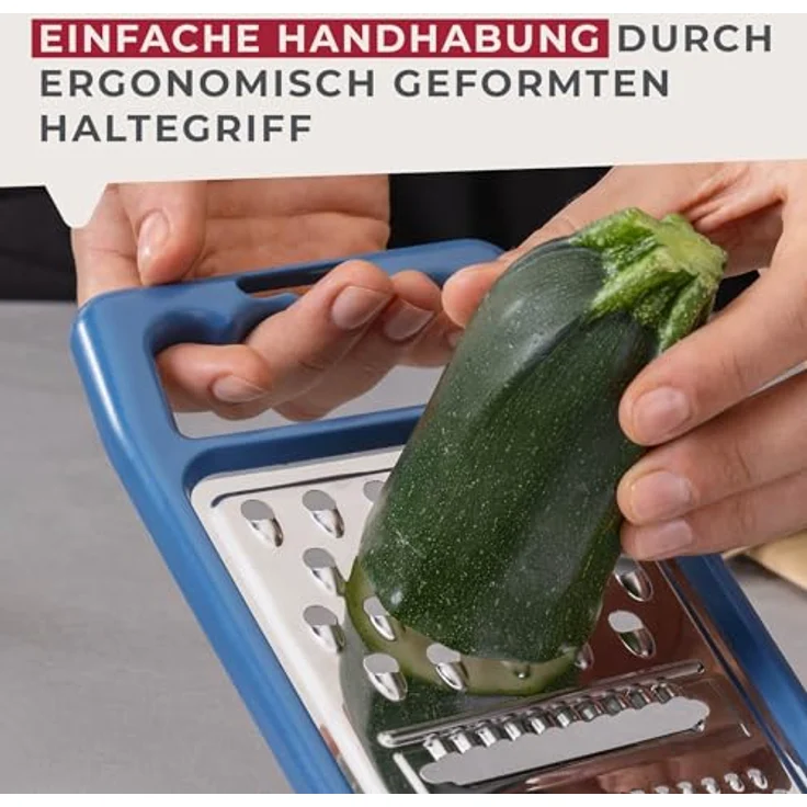 FACKELMANN Universalreibe Essential, Multifunktionale Küchenreibe mit 3 Reibeflächen, rostfreier Edelstahl, Antirutsch-Füße, dunkelblau/silber – Bild 4