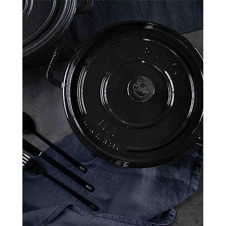 Sallys 'Ela' Deluxe Gusseisentopf/Gusseisenpfanne - Gusseisen Bräter für Perfektes Garen und Backen auf Induktion, 5 Liter Fassungsvermögen, Hitzebeständig bis 250 °C, Fury Black Majolika – Bild 5