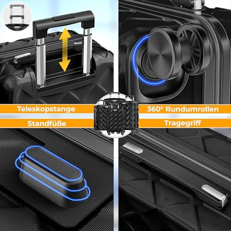 KESSER® Reisekoffer Set 4-teilig, ABS Hartschalenkoffer mit Zahlenschloss, Kofferwaage & Reisebrieftasche, 360° Rollen, Schwarz – Bild 5