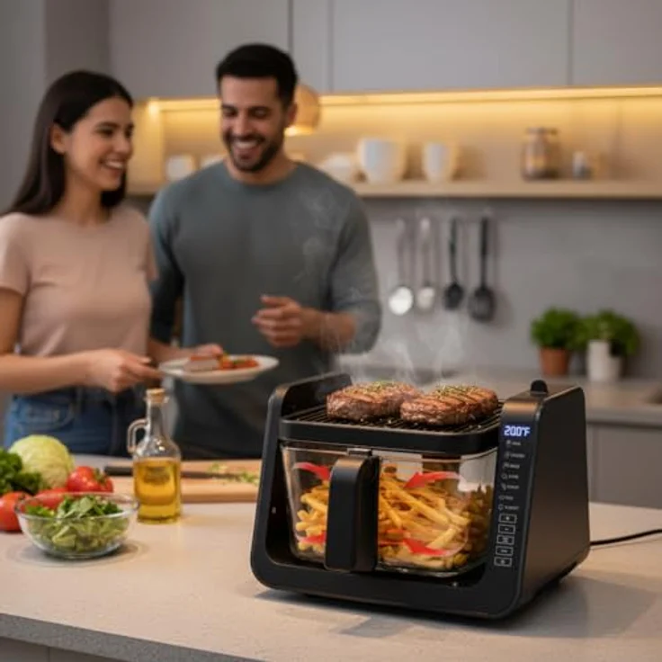 NutriChef 4L Airfryer & Elektrogrill, 7-in-1 Heißluftfritteuse mit 1500 W, 1.2L Grillfläche, transparentem Sichtfenster, schwarz – Bild 4