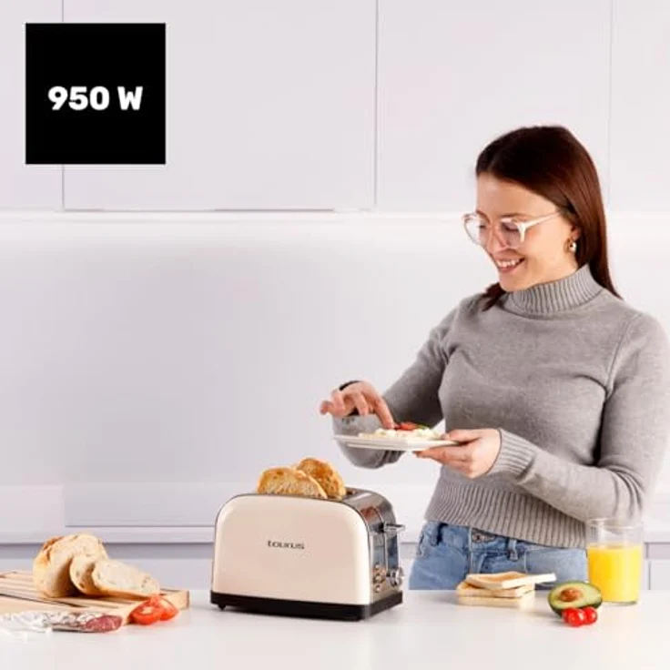 Taurus Toaster Vintage II Cream, 950 W, 2 Schlitze, 7 Bräunungsstufen, Edelstahlgehäuse, 3 Funktionen, Selbstzentrierung, Krümelschublade – Bild 2
