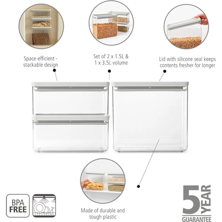 Brabantia Tasty+, Vorratsbehälter, rechteckig, 6,5 Liter, stapelbar, hellgrau/transparent, BPA-freier Kunststoff – Bild 2