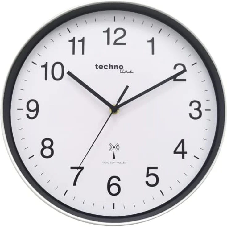 Technoline WT8030 Klassische Funkwanduhr, silberner Rahmen, weißes Ziffernblatt, Schwarze Ziffern, Ø: 30 cm – Bild 2