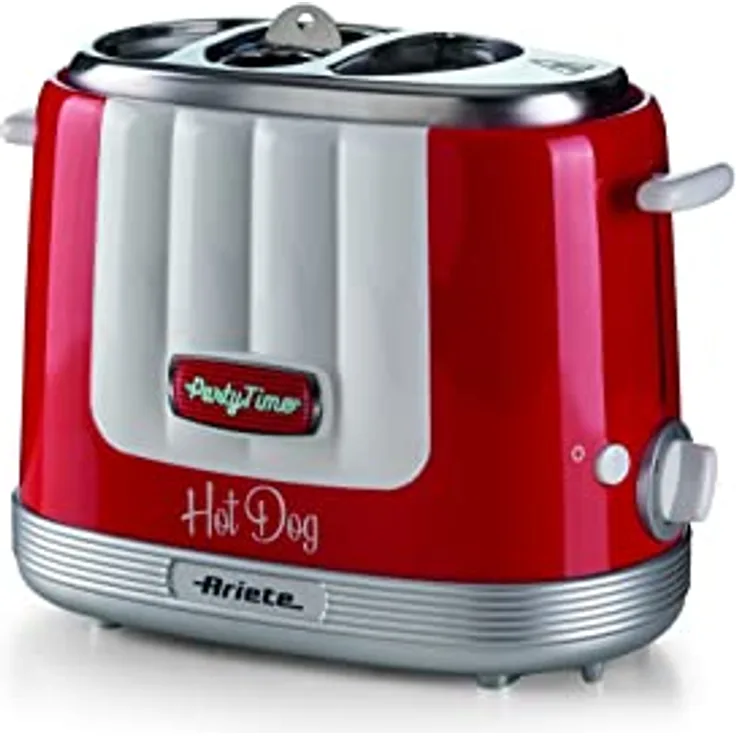 Ariete Hot Dog Maker Party Time 206, Hot Dog-Maschine mit 4 Garräumen, 5 Garstufen, Automatischer Auswurf, Hot Dog Toaster, 650W, Rot