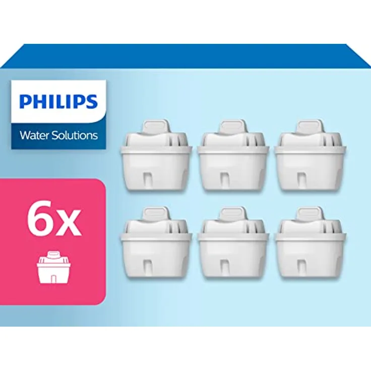 Philips Water Wasserfilter-Kartuschen, 6er-Pack, Brita-kompatibel, reduziert MIKROPLASTIK, CHLOR, KALK, SCHWERMETALLE