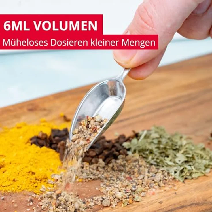 Westmark Gewürzschaufeln Hygia – 6 praktische Mini-Schaufeln zum sauberen Dosieren von trockenen Zutaten – 6 ml, Aluminium – Bild 4