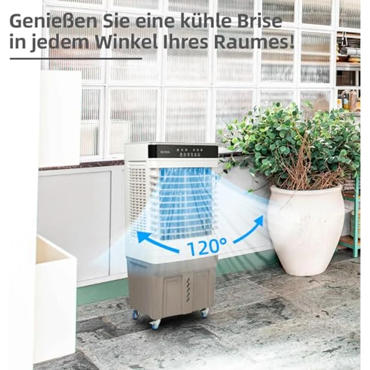 be cool Ventilatorkombigerät Mobiler Luftkühler 60 Liter, Wasserkühlung, 60L Wassertank, leistungsstark mit 150 Watt, für Räume bis zu 60m², mit 120° Schwenkfunktion, Touch-Bedienfeld und Fernbedienung, in Schwarz – Bild 6