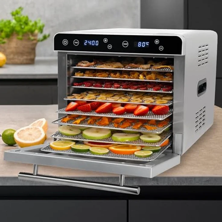 KLAMER Premium Dörrautomat XL 700W, 24h-Timer und 35-80°C Temperaturregler, 8 extra große Einlegefächer aus Edelstahl, Trockner aus Edelstahlgehäuse – Bild 2