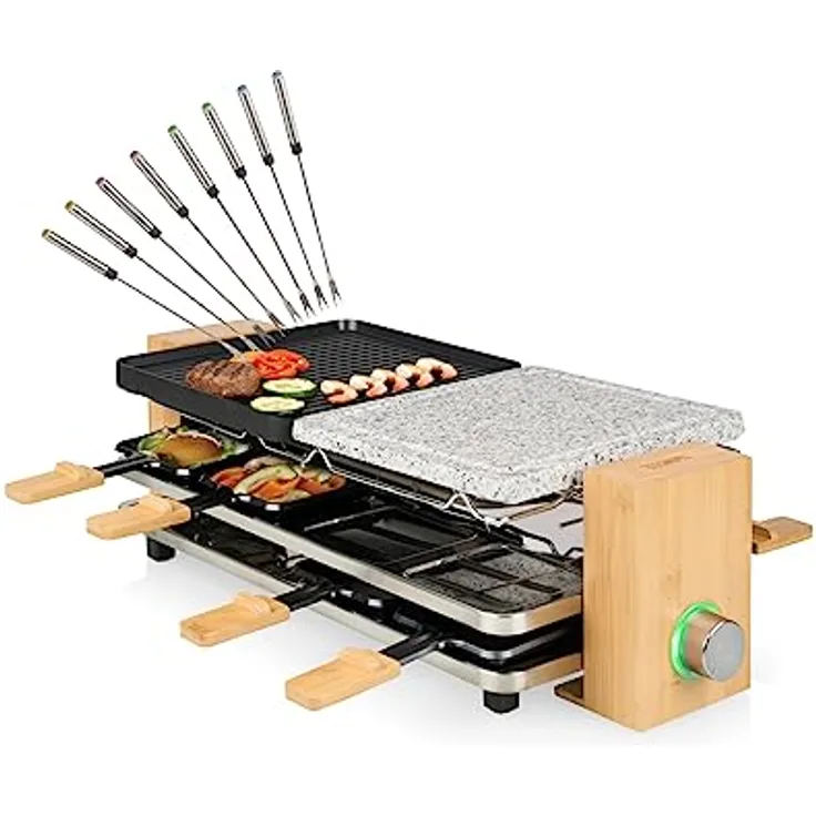 Bambus Raclette 8 Pers. Pfännchen Ablage, Steinpatte, 2 x 21x23cm 1300Watt - mit 8 Teppangabeln