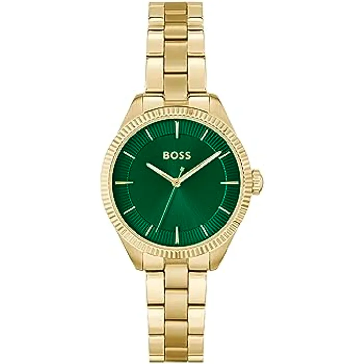 BOSS Analog Quarzuhr für Damen Kollektion MAE mit Edelstahlarmband, Grünes Sonnenstrahlen-Zifferblatt