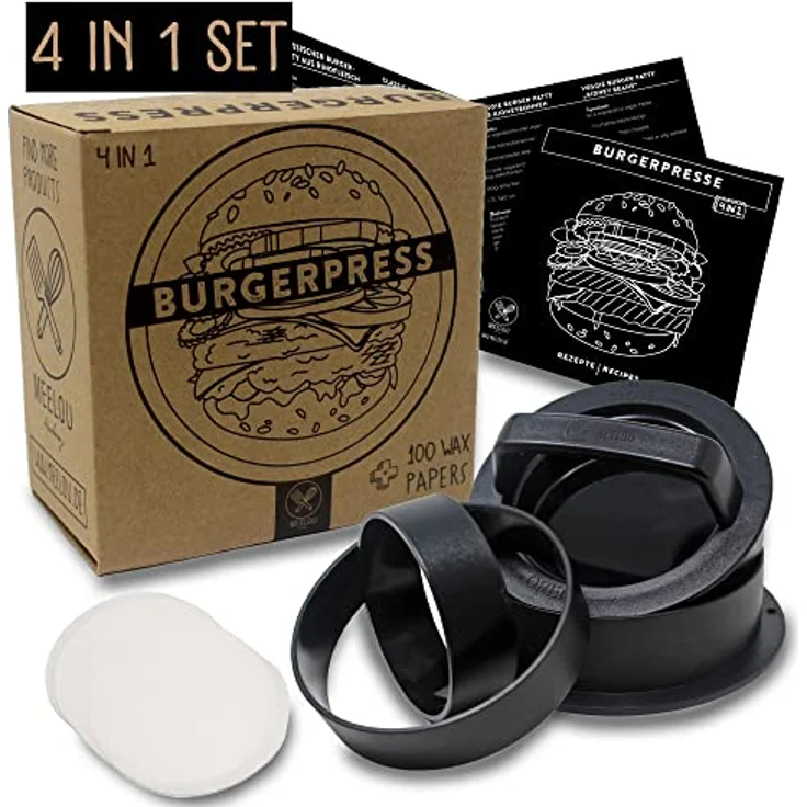 Burgerpresse mit 100 Blatt Burger Papier, 4 Patty Größen inkl. Gefüllte Patties und XXL, Burger Pattie Presse für beste Hamburger, Hamburger Patty Maker mit Rezepten – Bild 2
