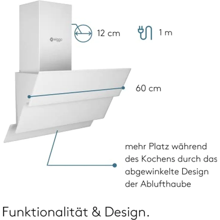 Wiggo Dunstabzugshaube 60cm kopffrei I Abluft Umluft Dunstabzug 300m³/h - LED Touch-Display 3 Stufen I Schräghaube inkl. Fettfilter & 2x Kohlefilter I Abzugshaube mit 3 teiliger Glasfront weiß – Bild 5