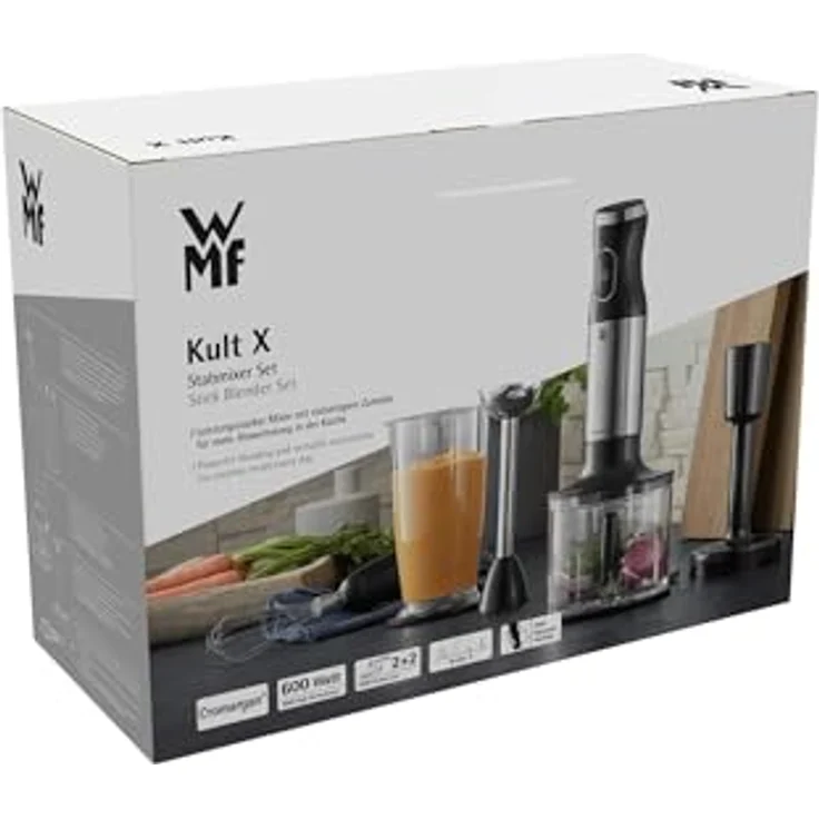 WMF Kult X Stabmixer-Set 3200002007, 600W, 4 Klingen, inkl. Messbecher 700ml, Zerkleinerer-Aufsatz, Schneebesen, Kartoffelstampfer, mit Deckel, schwarz, edelstahl – Bild 16