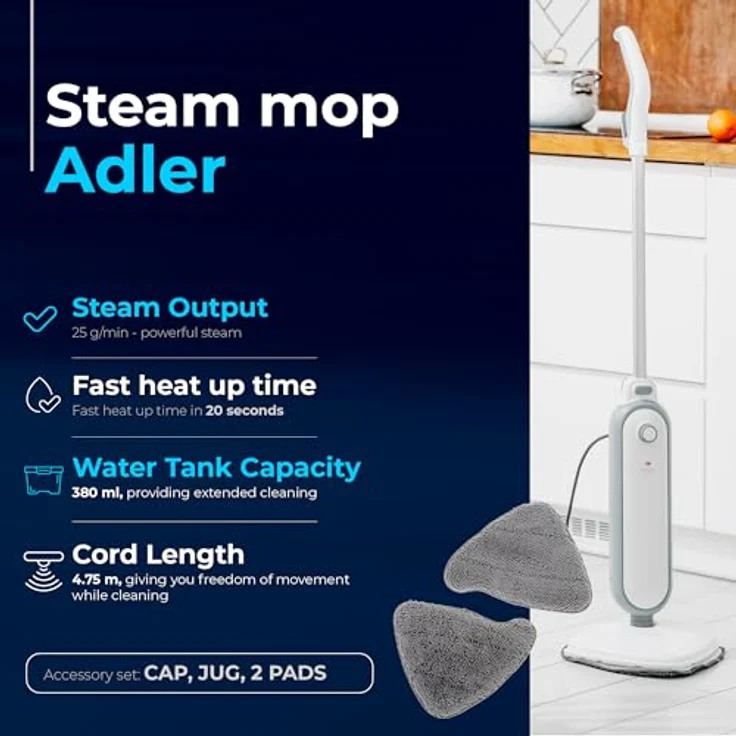 Adler Dampfmopp AD 7057, Dampfreiniger mit 1300 W Leistung und hohem Fassungsvermögen, Weiss – Bild 9