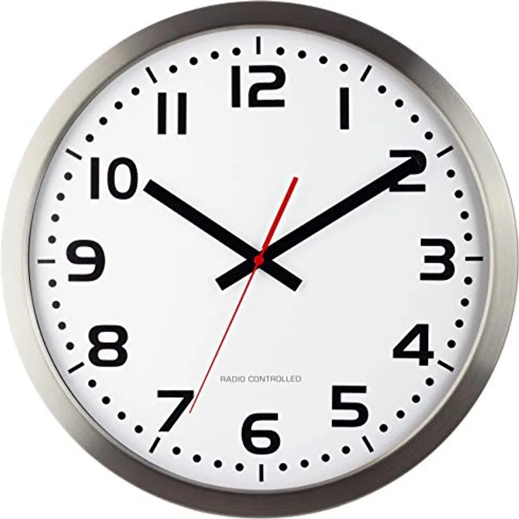 Eurotime Funkwanduhr, 40 cm, Edelstahlgehäuse, Echtglas, 12-Zahlen Zifferblatt, automatische Zeiteinstellung, rote Sekunde, nur für Innen - Preisvergleich