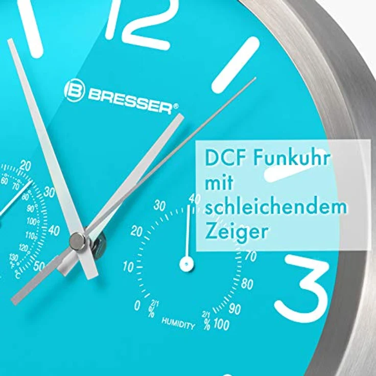 Bresser Funkuhr Wanduhr MyTime ND Thermo-Hygro mit geräuschlosem Funkuhrwerk, Edelstahlrahmen und Anzeige für Temperatur und Luftfeuchtigkeit, hellblau, 250 x 250 mm – Bild 4