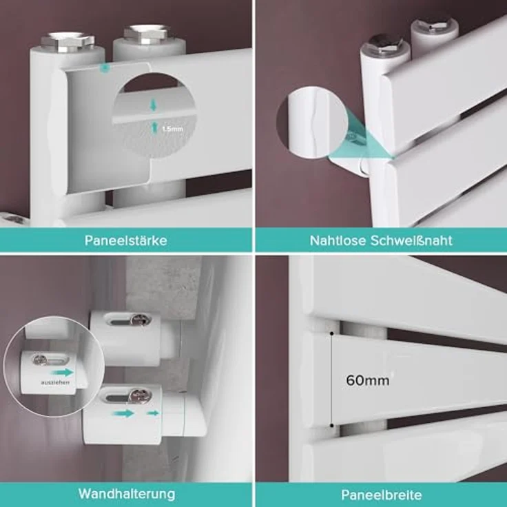 doporro Badheizkörper 76x40cm Seitenanschluss Weiß, effiziente Wärmeleitung & nahtlose Schweißtechnik – Bild 2
