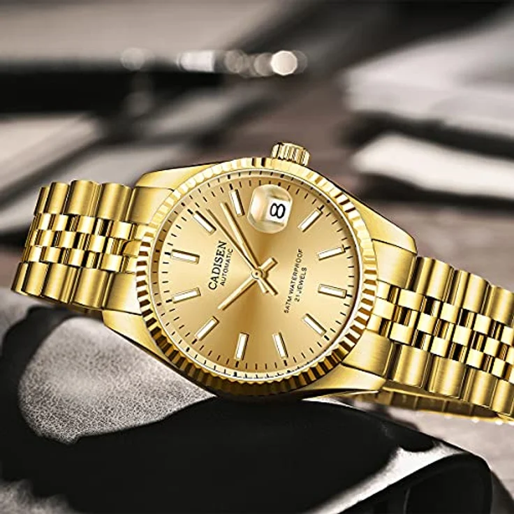 CADISEN Herren Automatik Uhr, elegante mechanische Armbanduhr mit Saphirglas, wasserdicht bis 50 m, Edelstahlarmband, gold – Bild 3