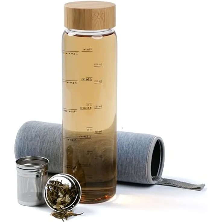 Penelife Teeflasche mit Sieb to go 1l - Glasflasche 1 Liter mit Edelstahl Sieb - Teeflasche 1l aus Borosilikatglas mit drehbarem Bambus Deckel und Neopren Schutzhülle - Grau