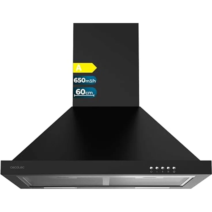 Cecotec Bolero Flux PM 606500 Dunstabzugshaube, 60 cm, Schwarz A, 165 W, Edelstahl-Finish, 650 m³/h, mechanische Steuerung, 3 Leistungsstufen, mit Licht und Kohlefilter – Bild 1