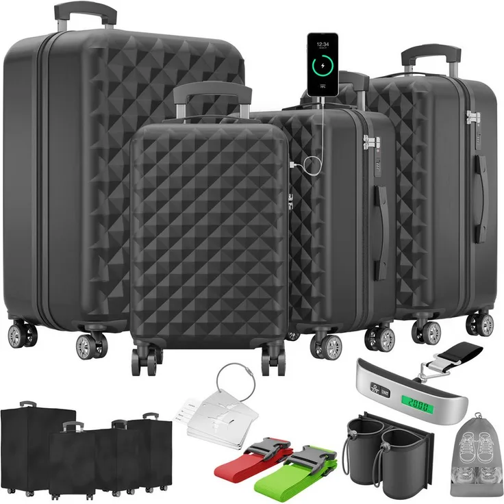 Onbest Kofferset 4er Hartschalen Trolley PREMIUM S-M-L-XL in Schwarz mit TSA-Schloss, USB-C Anschluss und umfangreichem Zubehör