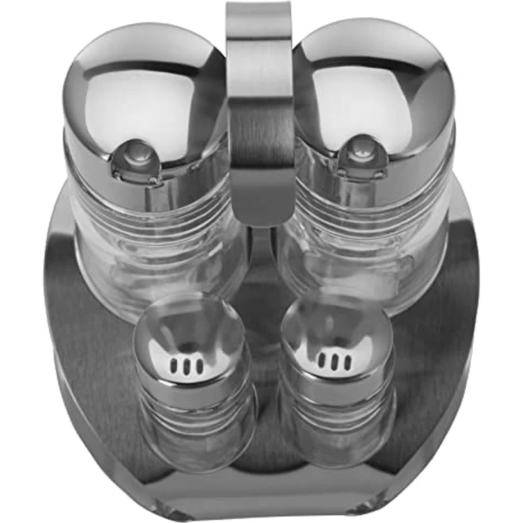 Westmark 4er-Menage für Salz, Pfeffer, Öl und Essig, Mit passendem Ständer, 5-tlg., 2 Streuer und 2 Flaschen, Fassungsvermögen: 40-160 ml, Edelstahl-Glas, Wien, Silber-Transparent, 65052260 – Bild 4