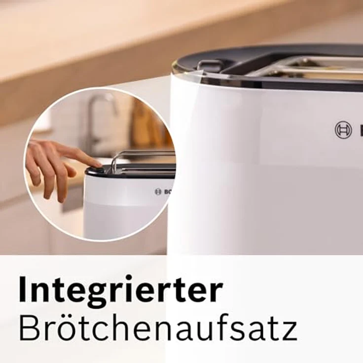 Bosch Kompakt Toaster MyMoment TAT2M121, integrierter Brötchenaufsatz, mit Auftaufunktion, mit Abschaltautomatik, Liftfunktion, Brotzentrierung, perfekt für 2 Scheiben, 800 Watt, Weiß matt – Bild 4