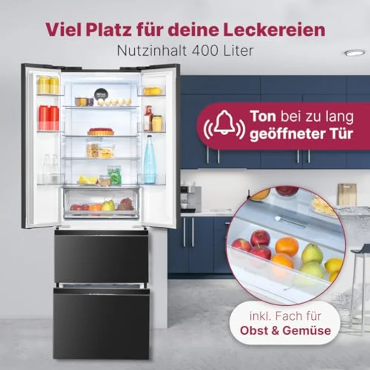 Bomann® French Door Kühlschrank No Frost | Kühl-Gefrier-Kombinationen mit Total No Frost | Kühlschrank mit Gefrierfach 400L | Side by Side Kühlschrank mit MultiAirflow-System | KG 7354 schwarz-inox – Bild 4