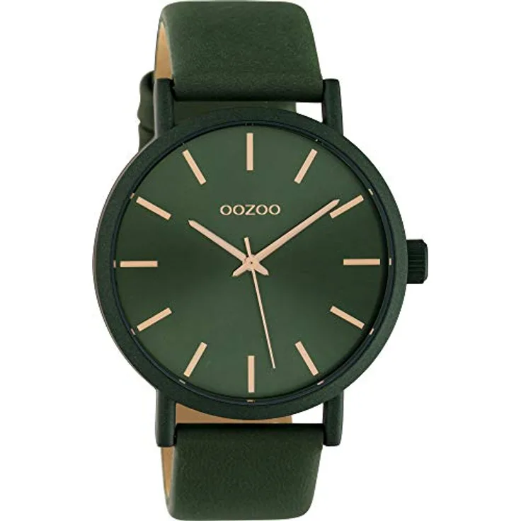 Oozoo Damenuhr mit Lederband 42 MM Colours of Unicolor Tannengrün C10453, Rosefarbene Details, Spritzwassergeschützt, Miyota Quarzwerk