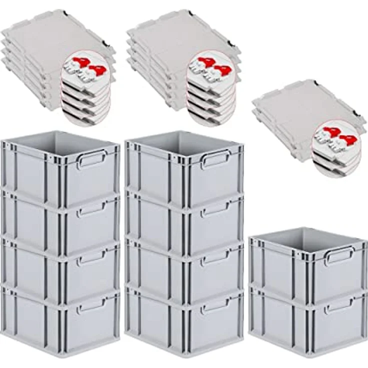 PROREGAL SuperSparSet 10x Eurobox NextGen Grip, Transportbox mit Scharnierdeckel, roten Schiebeschnappverschlüssen, HxBxT 22x30x40cm, 20 L, grau, lebensmittelecht, robust und stapelbar – Bild 1