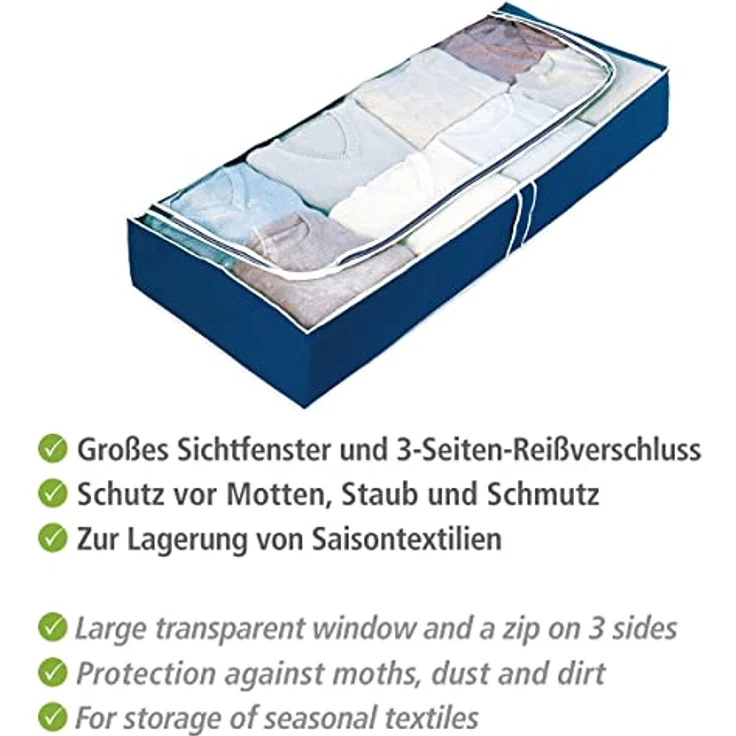 WENKO Unterbettkommode Air, 4er Set, Aufbewahrungstaschen mit Sichtfenster & 3-Seiten-Reißverschluss, schützt Textilien vor Motten, Staub & Schmutz, atmungsaktives Vlies-Material, 105x45x15 cm, Navy – Bild 3