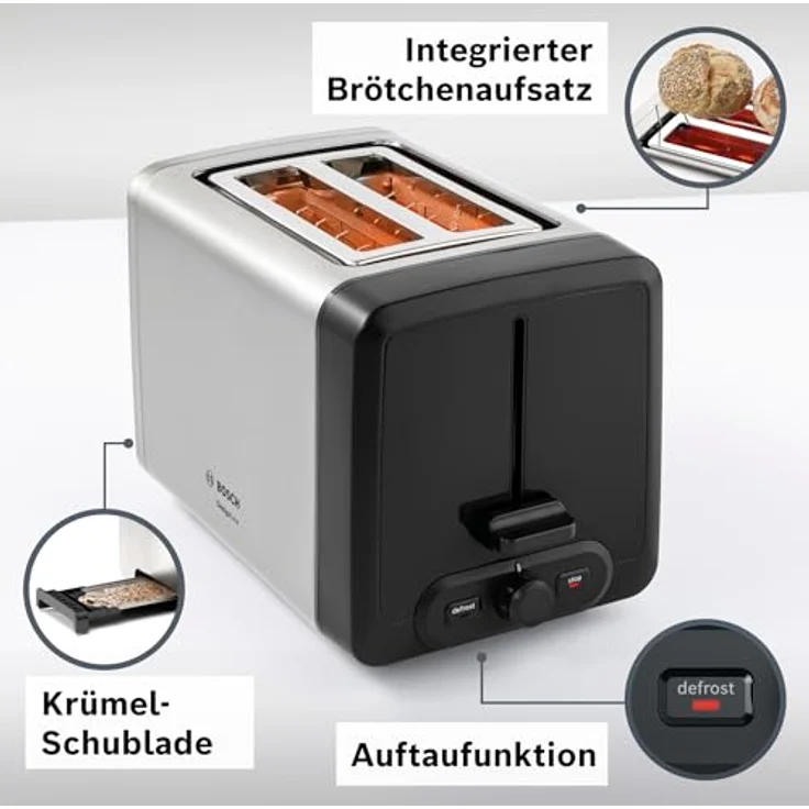 Bosch TAT4P420DE DesignLine Toaster, 970W, Auftau-Aufwärmfunktion, versenkbarer Brötchenaufsatz, Abschaltautomatik, schwarz, silber – Bild 2