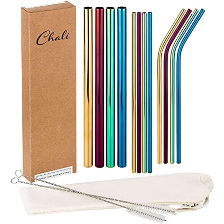 Chali® Edelstahl Strohhalme 12er Set (8x ø6mm, 4x ø12mm), bunte Trinkhalme wiederverwendbar 21,5cm lang spülmaschinengeeignet inkl. 2x Reinigungsbürsten – Bild 1