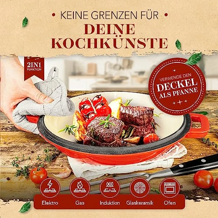 KRUSTENZAUBER Gusseisen Topf [inkl. Fleischgabel] - Hochwertiger 26cm Schmortopf backofengeeignet - Idealer Bräter mit Deckel, Kochtopf Induktion, Emaille, Bratentopf Cast Iron – Bild 5